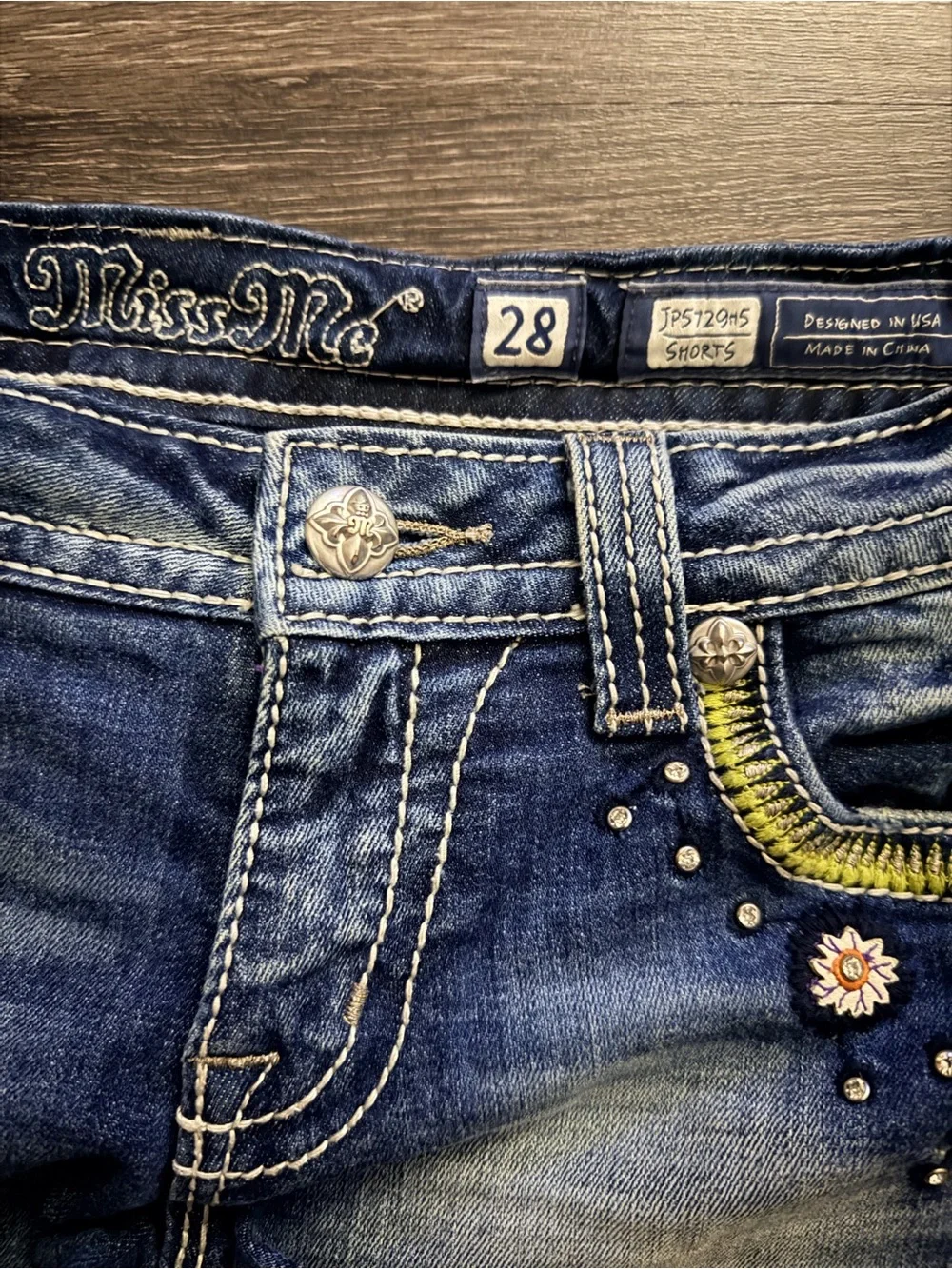 Miss Me Denim Embroidered Shorts with Floral Back Pockets